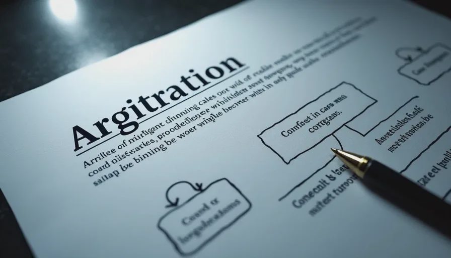 Contract arbitration clause beside flowchart comparing litigation and arbitration processes