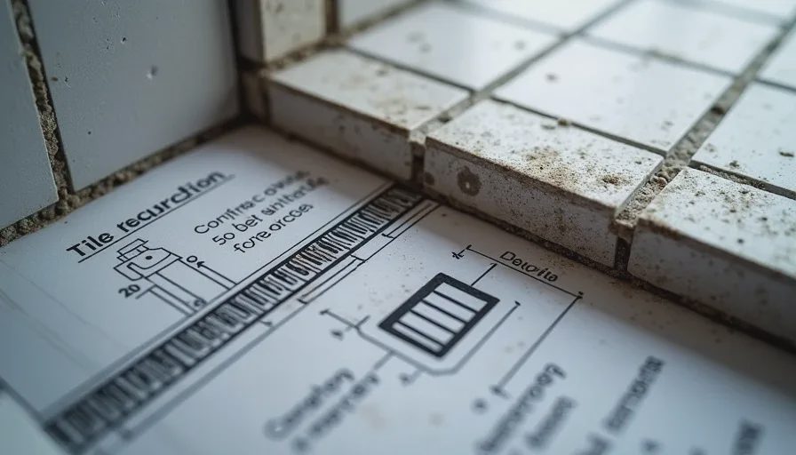 Annotated wall section specifying waterproofing and finish layers for a renovation Technical construction detail drawing of bathroom waterproofing and tile assembly