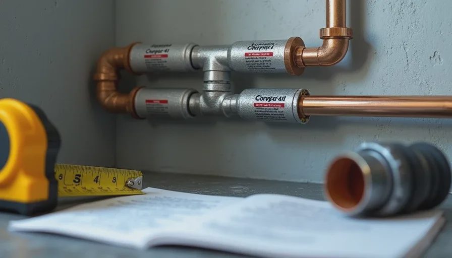 Modern PEX distribution manifold used in whole-house re-pipes PEX manifold system next to traditional copper trunk sample