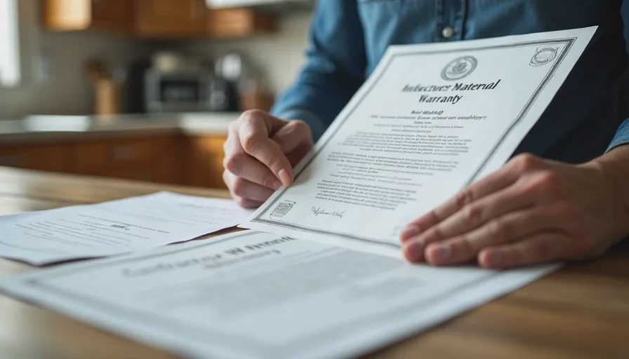 Material warranty versus contractor workmanship obligation after a renovation Manufacturer material warranty document beside contractor workmanship guarantee