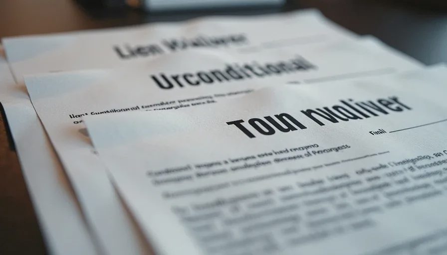 Conditional and unconditional progress and final lien waiver documents Four standard types of construction lien waiver forms displayed side by side