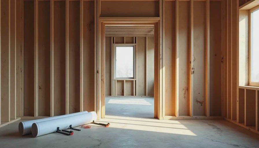 Working drawings used to verify scope during residential framing and rough-in Construction blueprints on a job site during framing stage of a home renovation