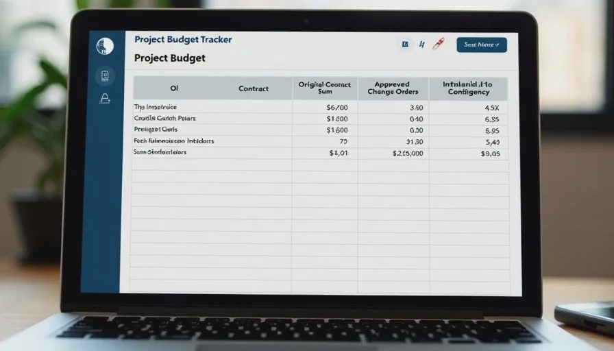 Budget tracking spreadsheet monitoring original contract and change-order totals