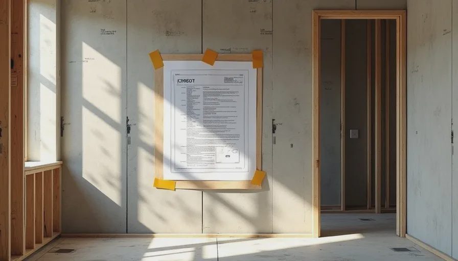 Approved construction plans posted on framing during rough-in phase