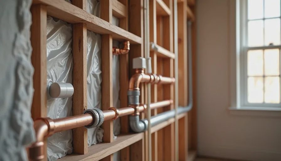Side-by-side copper and PEX piping in a residential re-pipe project Open wall section comparing copper and PEX installation during whole-house re-pipe