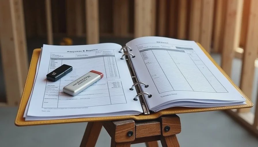 Organized paper and digital records maintained during a home renovation Project documentation binder with inspection reports and change orders on a construction site