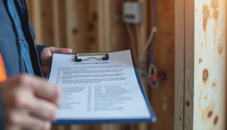 Building inspector checklist next to electrical rough-in during residential renovation