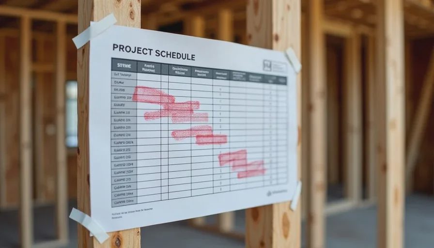 Project schedule on a job site with delayed milestones highlighted