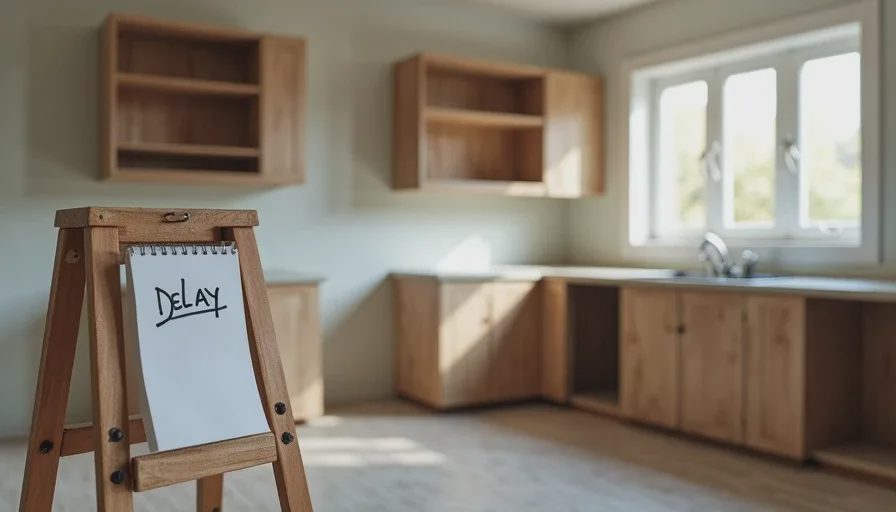 Partially finished kitchen interior indicating mid-project delay